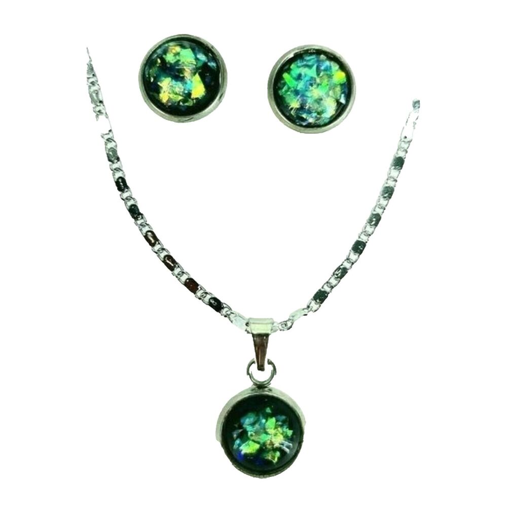 Created Black Opal Earrings & Necklace, White Gold-Plated Chain - Black Opal